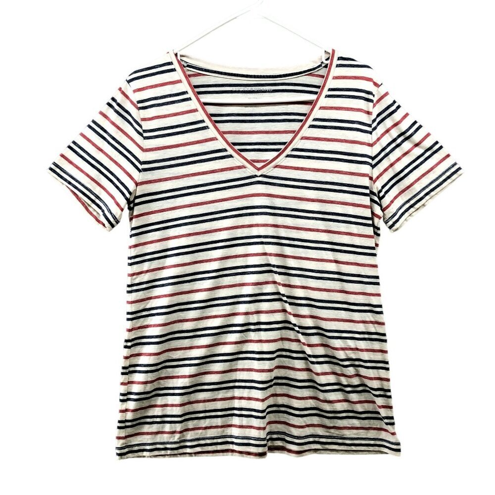 Lucky brand V-neck‎ T Shirt Womens M Short Sleeve Patriotic Stripe Thin